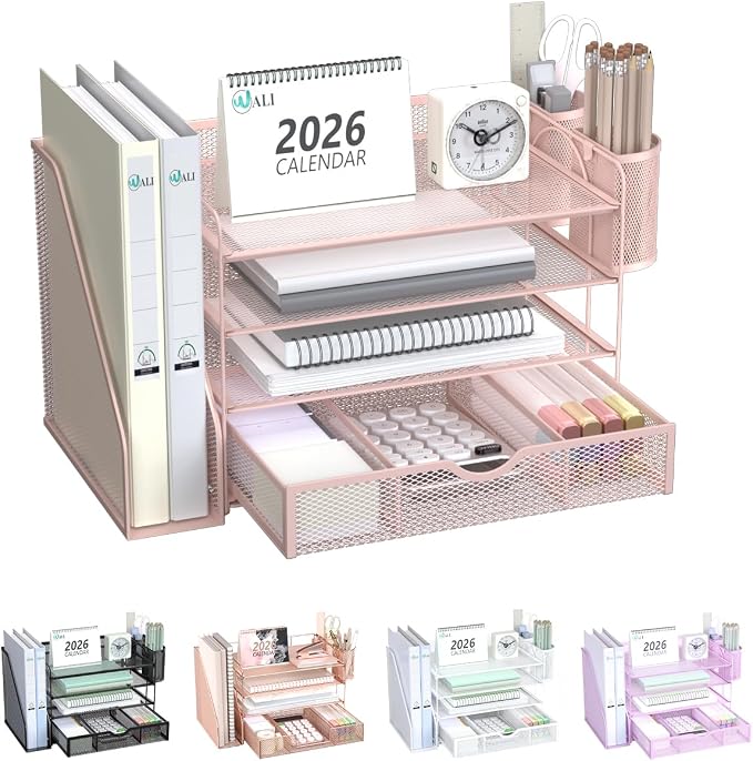 WALI Desk File Organizer, 4 Tier Desktop Paper Letter Tray Organizer with Drawer and 2 Pen Holders, Office Desk Accessories & Workspace Organizers for Office, Home Supplies(DO005DH-P), 1 Pack, Pink by WALI