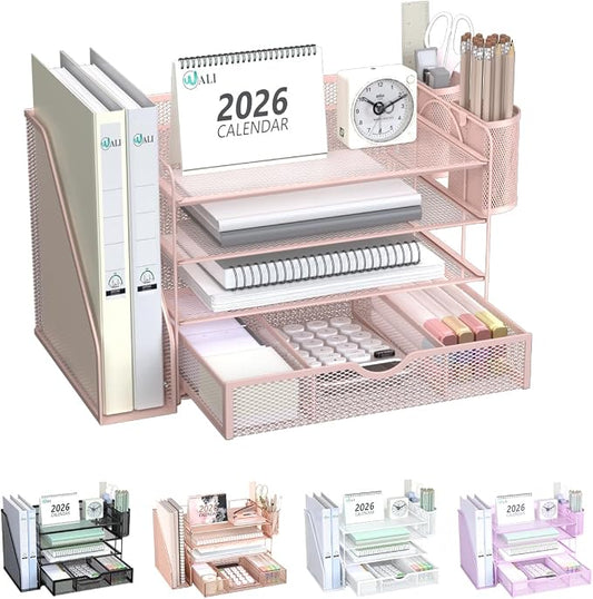 WALI Desk File Organizer, 4 Tier Desktop Paper Letter Tray Organizer with Drawer and 2 Pen Holders, Office Desk Accessories & Workspace Organizers for Office, Home Supplies(DO005DH-P), 1 Pack, Pink by WALI