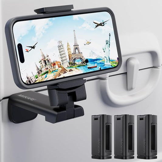 MiiKARE Travel Essentials Airplane Phone Holder, Universal Handsfree Phone Mount for Flying with 360 Degree Rotation, Travel Must Haves Phone Stand for Desk, Tray Table, Black&Black&Black by MiiKARE