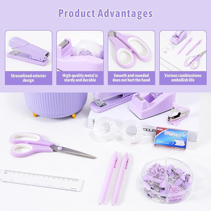 Gawsey Purple Desk Organizers and Accessories with Desk Organizer 360° Rotating Pen Holder and Office Supplies, Cute Stationery Supplies Set - Image 7