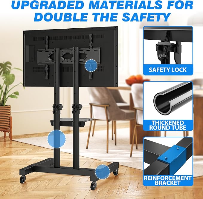 Rfiver Mobile TV Cart Rolling TV Stand for 32-83 Inch Screens up to 110lbs, Portable TV Stand on Wheels with Height Adjustable Shelf, Outdoor TV Stands Mount for Home Office MAX VESA 600x400mm, Black - Image 7