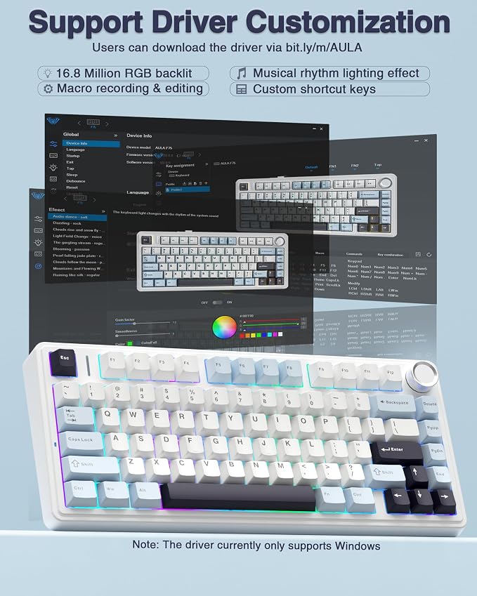 AULA F75 75% Wireless Mechanical Keyboard, Hot Swappable Creamy Keyboard, Pre-lubed Reaper Switches, 2.4GHz/Type-C/BT5.0, RGB Backlit Gaming Keyboards(White & Blue) - Image 7