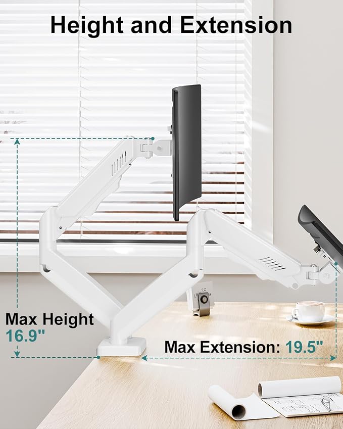 Dual Monitor Arm Desk Mount Fits 13 to 32 inch Computer Screens, Holds 4.4 to 19.8lbs Display VESA Mount, Adjustable Double Monitor Stand with Clamp/Grommet Base, 75/100mm Bracket, White, Freelift - Image 5