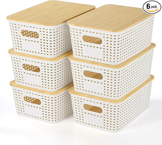 Ohmlove Plastic Storage Baskets With Bamboo Lid - Plastic Storage Containers Stackable Storage bins: Storage Baskets for Organizing Shelves Drawers Desktop Closet Playroom Classroom Office, 6 Pack by OHMLOVE