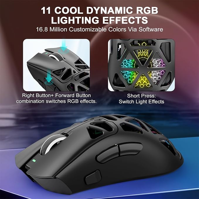G11 Lightweight Wireless Gaming Mouse for FPS & Competitive Gaming, Tri-Mode Bluetooth 5.1/2.4GHz/USB-C, 22000 DPI RGB Mouse with Programmable Buttons for PC, Laptop & Mac (Black) - Image 7