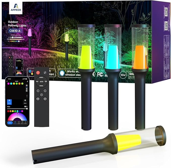APPECK Pathway Lights,RGBCW Walkway Lights with APP Control,4 Pack | IP65 Waterproof,Low Voltage Landscape Lighting 800LM,Color Changing,for Garden, Yard, Patio,Compatible with Alexa by APPECK