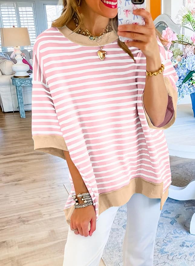 SHEWIN Womens Tops Casual Short Sleeve Sweatshirt Crewneck Striped Shirt Pullover T Shirts Loose Blouses - Image 2
