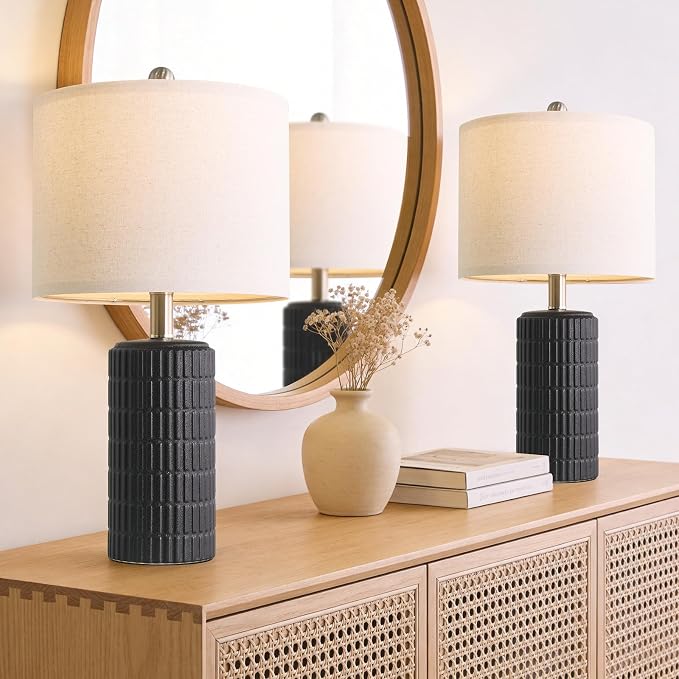 PoKat Small Table Lamps Set of 2 for Bedroom, 20.75'' Matte-Textured Farmhouse Ceramic Bedside Lamps for Night Stands, Stone-Like Modern Lamps for Living Room End Table Hallway Entryway Decor Black - Image 3