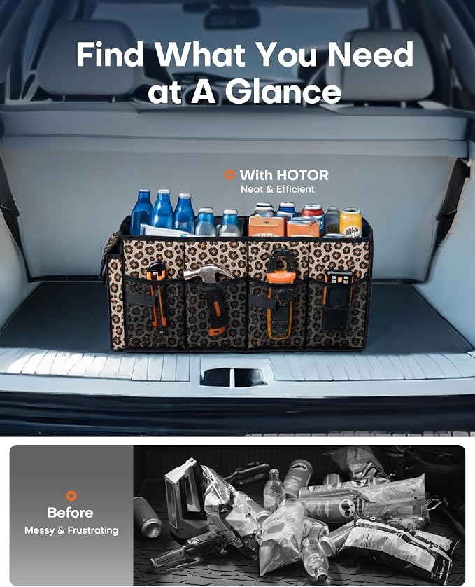 HOTOR Trunk Organizer - Car Organizer, Foldable Trunk organizer for SUVs & Sedans, Sturdy Car Organization for Car Accessories, Tools, Sundries, Brown Leopard, 2 Compartments, 21.3"×12.6"×10.6" - Image 6