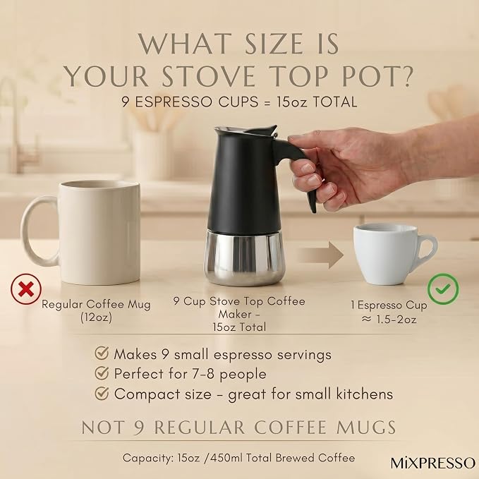 Mixpresso 9 Cup Greca Moka Pot, Stainless Steel Stovetop Espresso Maker | 450ml/15oz Italian stovetop coffee maker with classic percolator design, ideal for preparing coffee at home or while camping - Image 5