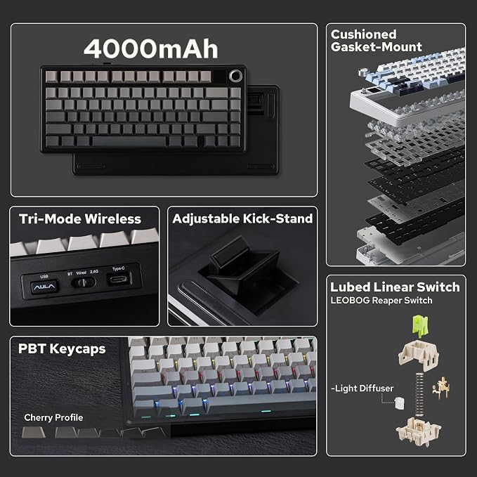 EPOMAKER X Aula F75 MAX Wireless Mechanical Keyboard with TFT Screen and Knob, Gasket Gaming Keyboard in 75% Layout, Hot Swappable, RGB Backlight, for PC/Mac/Linux (Black Gradient) - Image 2