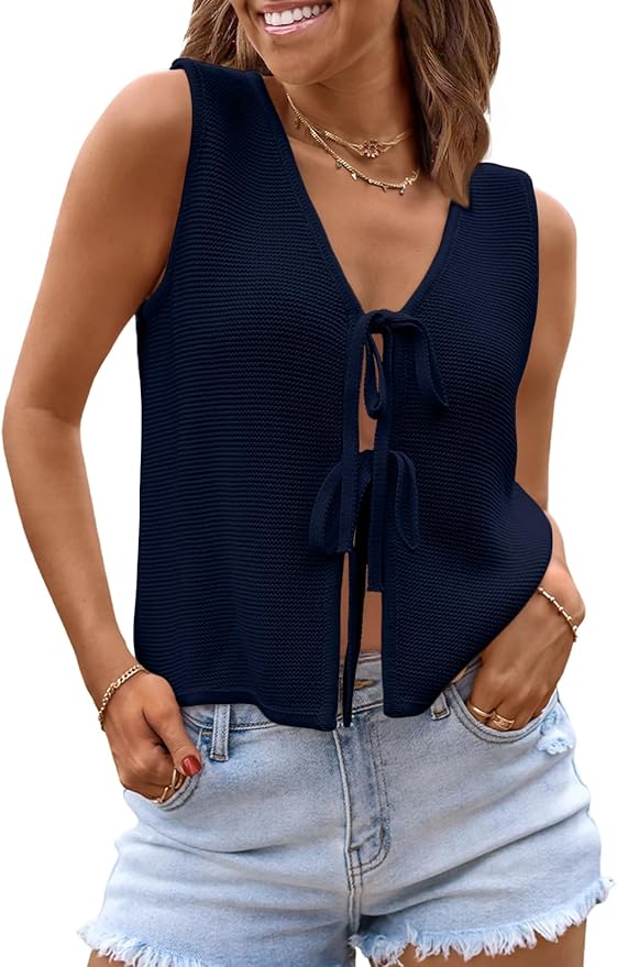 LILLUSORY Womens Tie Front Tops Vacation Sweater Vest | Bohemian Style, Beach Resort Wear, Concert Western Outfits, Crochet Tops, Vacation Outfits, Cute Y2k Sleeveless 2026 by Lillusory