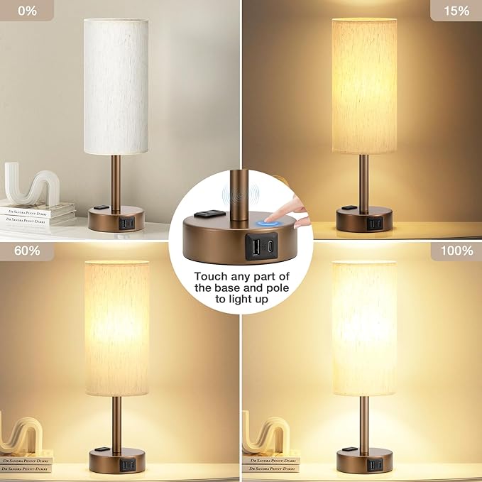 Fenmzee Brown Bedside Table Lamp for Bedroom - 3 Way Dimmable Touch Lamp USB C Charging Ports and AC Outlet, Small Lamp Round Flaxen Cream Fabric Shade for Living Room, Desk, LED Bulb Included - Image 3