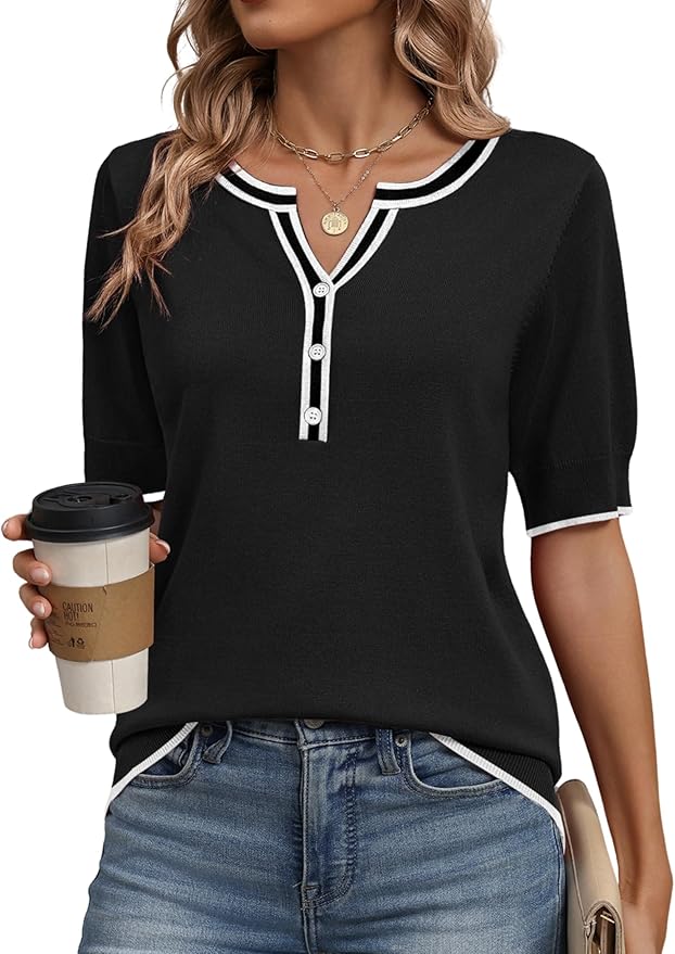 Zeagoo Women's Short Sleeve Sweater 2026 Spring Summer Tops Lightweight Casual V Neck Sweaters Dressy Work Blouses Clothes by Zeagoo