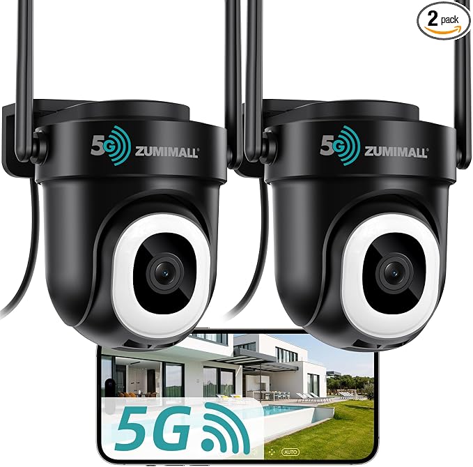 ZUMIMALL 2K Wired Outdoor Camera, 2.4G/5G WiFi Security Camera, 3MP, 24/7 Recording, AI Motion Detection, Cloud & SD Card Storage, 2-Way Audio, 360° PTZ Auto Tracking, Work with Alexa - 2-Pack, Black by ZUMIMALL