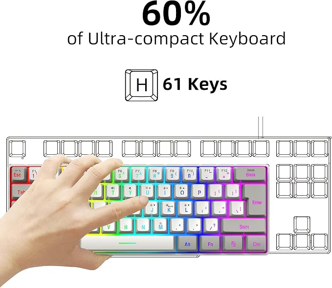 Snpurdiri 60% Wired Gaming Keyboard, 61 Keys RGB (Grey-White) | Backlit Small Gaming Keyboard for PC/Mac Gamer, Typist, Travel, Easy to Carry on Business Trip - Image 3
