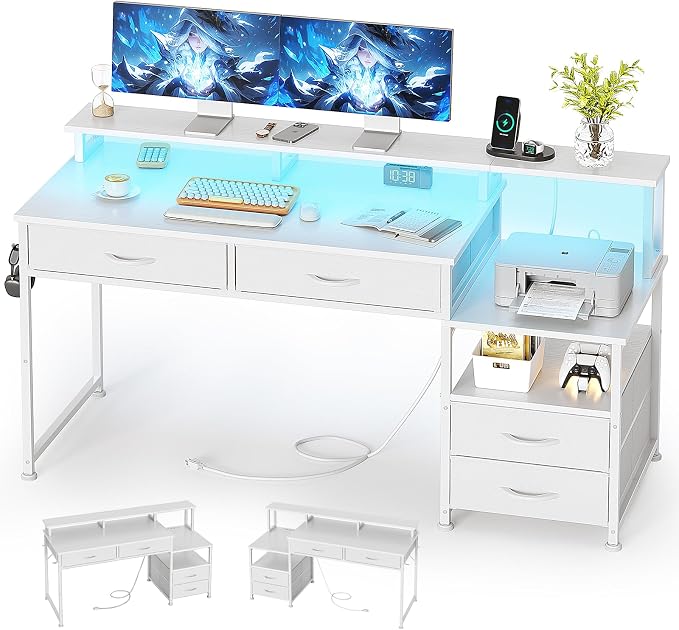 MUTUN 53" Computer Desk with 4 Drawers & Power Outlets, Reversible Home Office Desk with Monitor Stand & Printer Stand, Gaming Desk with Led Lights, Study Writing Work Desk Table for Bedroom (White) by MUTUN
