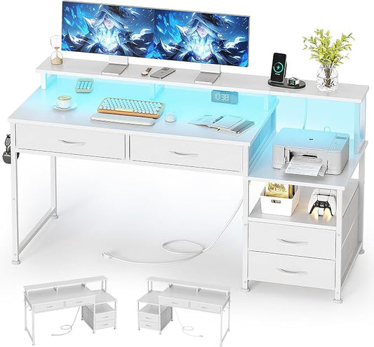 MUTUN 53" Computer Desk with 4 Drawers & Power Outlets, Reversible Home Office Desk with Monitor Stand & Printer Stand, Gaming Desk with Led Lights, Study Writing Work Desk Table for Bedroom (White) by MUTUN