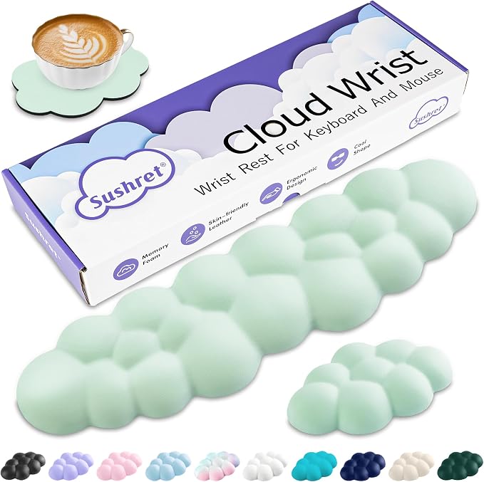 Sushret Cloud Wrist Rest Keyboard, Cloud Keyboard Wrist Pad Set with PU Leather Memory Foam, Cute Arm Rest for Palm Support, PC/Gaming Desk Accessories/Office Setup/Computer Hand Cushion - Light Green by Sushret