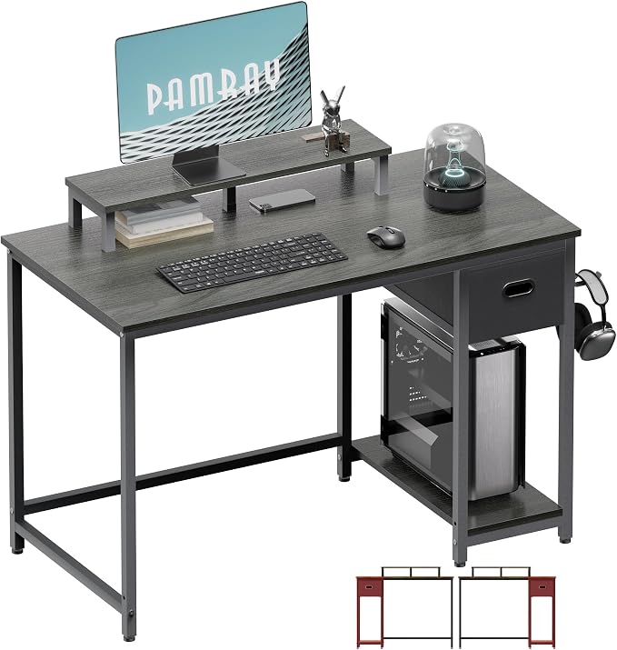 Pamray 39 Inch Small Computer Desk with Monitor Stand and Drawer for Gaming | Small Gaming Desk, for Bedroom Small Spaces, Home Office, Dorm and Apartment, for Writing, Study and Working by PAMRAY