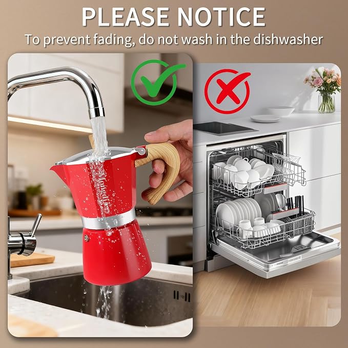 Mongdio Stovetop Espresso Maker Moka Pot, Cuban Coffee Maker Stove top coffee maker Moka Italian Espresso Greca Coffee Maker Brewer Percolator, 6 Espresso Cups, 10 oz - Red - Image 7
