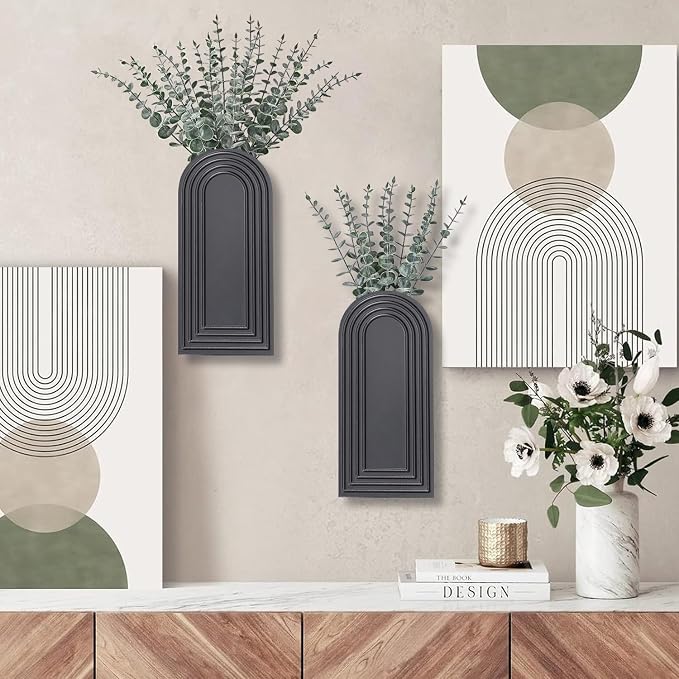 Dnnnii 2 Pack Wooden Wall Vase Set - Black Finish Modern Farmhouse & Boho Wall Decor for Entryway, Hallway, Bathroom, Living Room, Dining Room, Narrow Spaces - Image 2