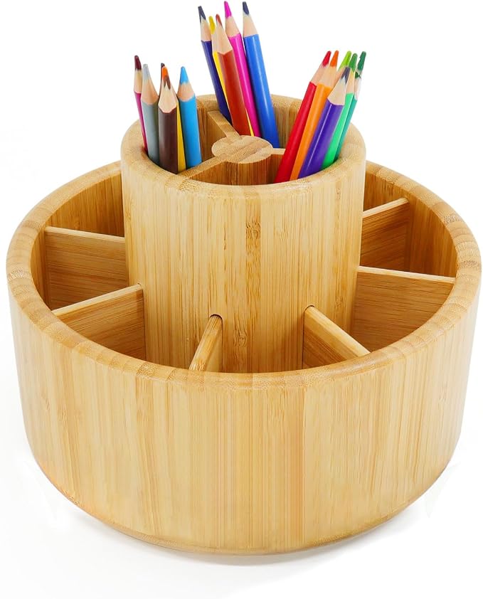 Utoplike Bamboo Rotating Art Supply Desk Organizer, Pencil Holder Desktop | Desktop Storage Caddy for Pen, Colored Pencil, Crayon, Paint Brushes, Art Studio & Office by Utoplike