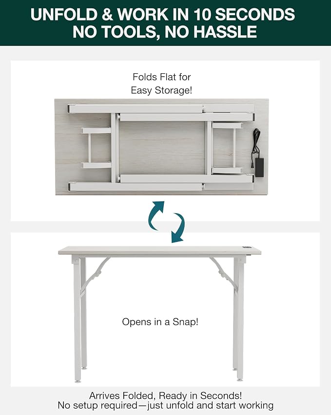 Frylr Small Folding Computer Desk – 43.3 Inch Portable Table for Craft and Study, Lightweight Desk for Small Spaces, Foldable Laptop Table Built-in AC/USB Outlets for Convenience, White Ash - Image 3