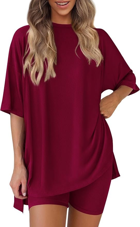 PRETTYGARDEN Women 2 Piece Lounge Set 2026 Summer Casual Oversized Shirts Biker Shorts Matching Airport Travel Outfit Clothes by PRETTYGARDEN