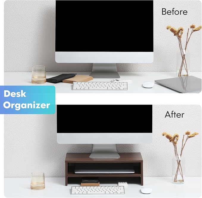 FITUEYES Monitor Stand - 2 Tier Computer Monitor Riser Shelf, Wood Desktop Stand for Laptop Computer Screen, Desk Organization, Office Supplies - Image 4
