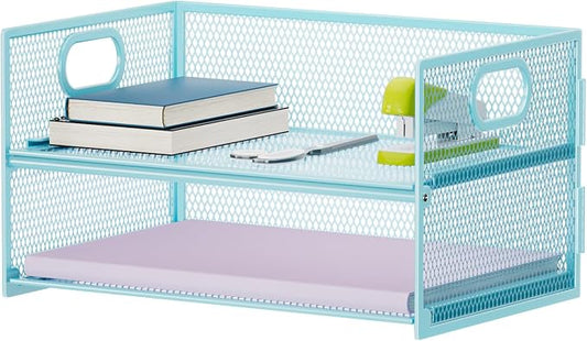 Marbrasse 2 Tier Paper Organizer Letter Tray, Mesh File Organizer with Handle, Paper Sorter Desk Organizer for Home Office Supplies - Blue by Marbrasse