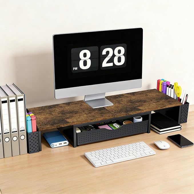 Spacrea Metal Desk Organizers and Accessories, Dual Monitor Stand Riser with Drawer and 2 Pen Holders, Desk Accessories & Workspace Desktop Organizers for Office Supplies (Wood) - Image 3
