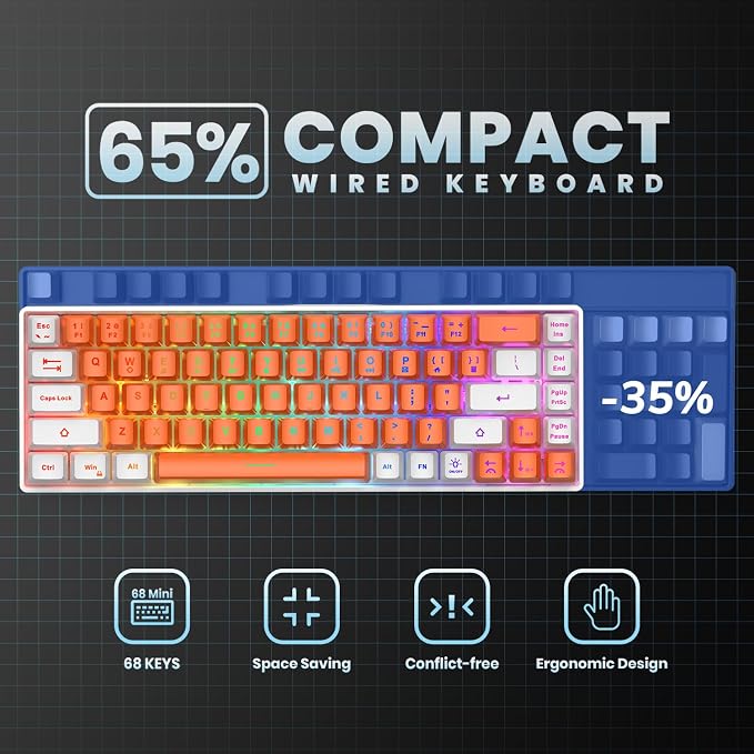 GEODMAER 65% Gaming Keyboard, LED Backlit Mini Wired Keyboard, Ultra-Compact Anti-Ghosting No-Conflict 68 Keys Membrane Gaming Wired Keyboard for PC Laptop Windows Gamer(Orange-White) - Image 4