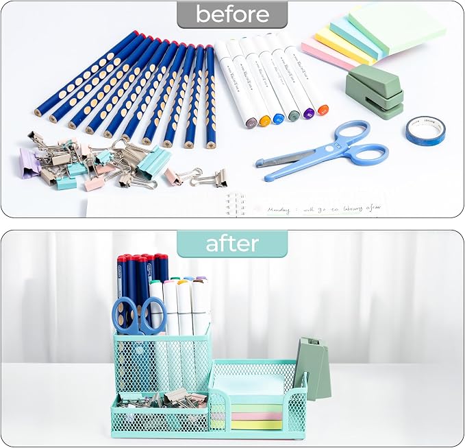 M&G Mesh Pen Holder Desk Organizers Pencil Holder for Desk Light Blue, 3 Compartments Metal Office Supply Organizer with Sticky Notes Holder for Home Office - Image 5