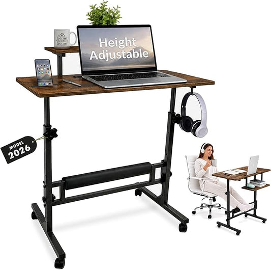 Small Rolling Desk with Wheels, Adjustable Height 27"-43.3" Portable Standing Desk, 31.5"x15.7" Tabletop, Mobile Laptop Computer Table for Home Office Workstation, Rustic Brown by Unknown
