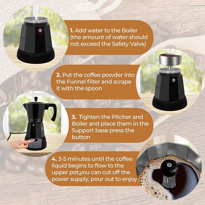 Electric Aluminum Moka Pot 3-6 Cup 150-270ml Espresso Maker | with Detachable Base Ideal Coffee Makers for Home MochaPot Italian and Cuban Café Coffeemaker Espressomaker CoffeePot Black - Image 5