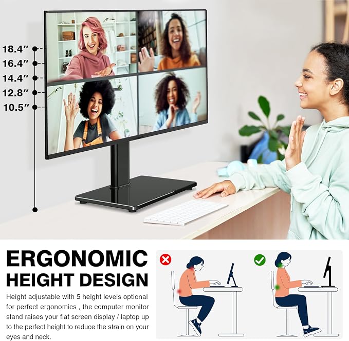 TAVR Furniture Single Monitor Stand VESA Mount for 13-32 Inch Screens | Free-Standing Monitor Riser with Swivel Tilt Rotation Height Adjustable, Universal Desk Stand up to 44lbs, Black - Image 3