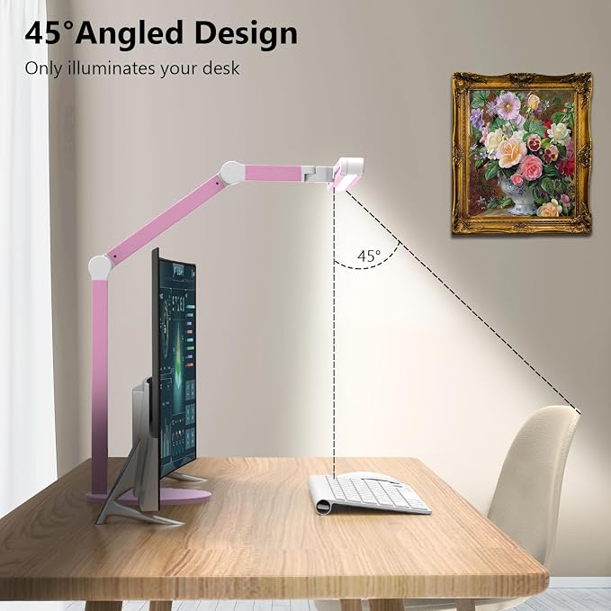 Micomlan Led Desk Lamp with Base, Adjustable Tall Architect Desk Light for Home Office with Flexible Swing Arm, 24W Pink Bright Table Lamp Auto Dimming Computer Light for Workbench - Image 4