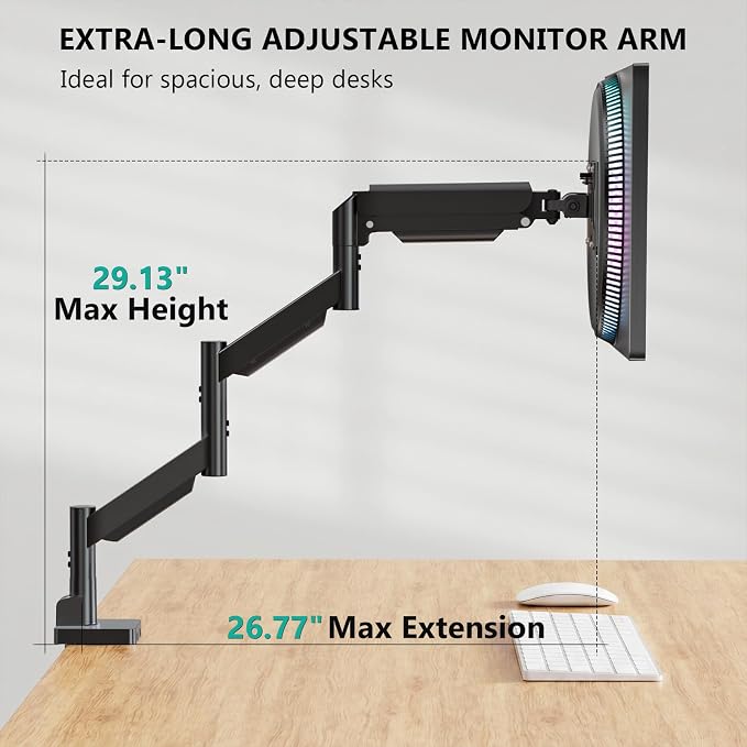 WALI Extra Long Single Monitor Arm for 17-38 inch Screens, up to 26.4 lbs | Tall Monitor Desk Mount, Full Motion with Tilt, Swivel, Rotation, C-Clamp/Grommet Base, VESA 75/100mm (GSMP001L), Black - Image 4