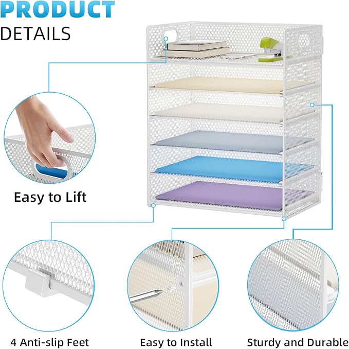 Marbrasse 2 Pack Desk Organizer with Handle, 6 Tier Paper Letter Tray, Mesh Desk File Organizer for Office, School and Home - Whtie - Image 4