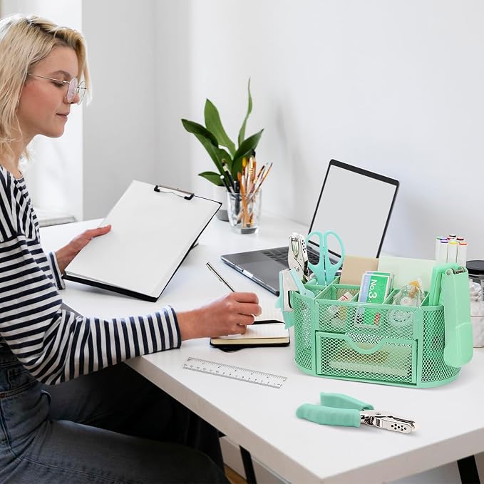 17 in 1 Green Desk Organizers and Accessories Set, 3 Office Desk Supplies Storage Organization, 4 Pens, Stapler, Staples & Remover, Tape & Dispenser, Scissors, Ruler, Clips, Hole Punch, Back to School - Image 9