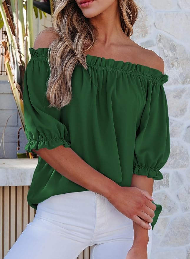 EVALESS Womens Tops Off The Shoulder Blouses for Women Dressy Casual Cute Puff Sleeve T Shirts Fashion 2026 - Image 3