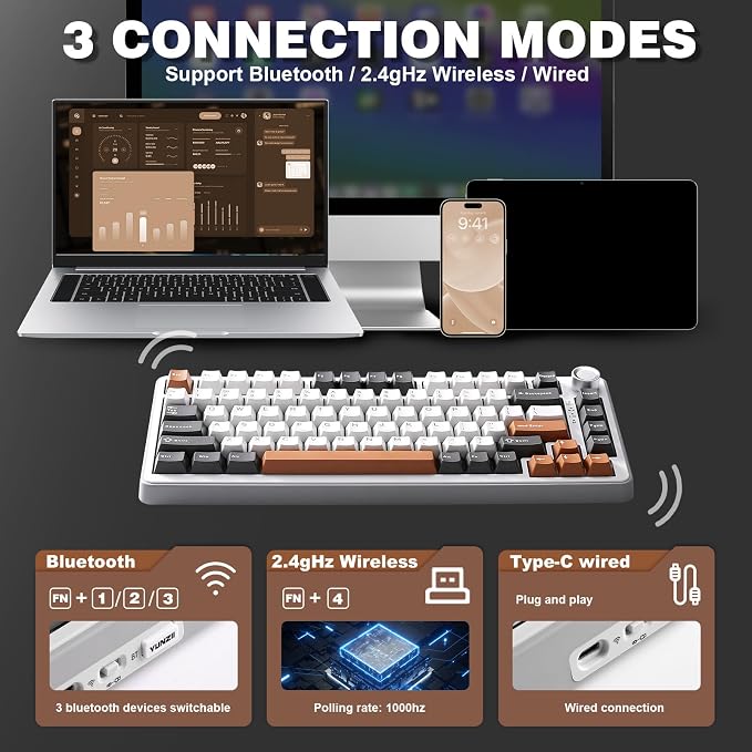 YUNZII B75 PRO 75% Wireless Mechanical Keyboard (Grey,Milk Switch) | Hot Swap Keyboard with Knob, Gasket Mount, Creamy Pre-lubed Switch for Smooth Typing, BT/USB-C/2.4G, for Gaming - Image 3