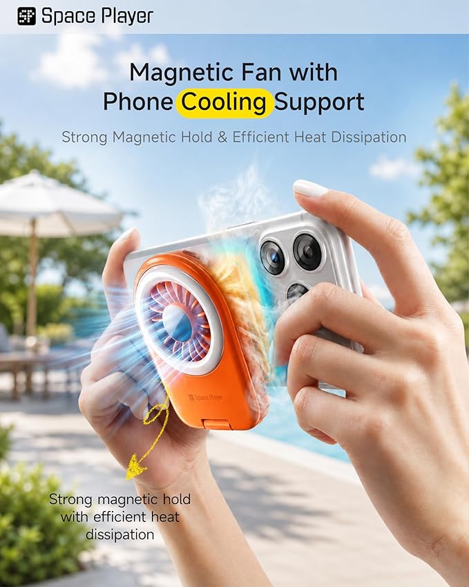 Space Player Mini Fan, Portable Handheld Fan with MagSafe Phone Mount, USB Rechargeable Cooling Fan with Selfie Fill Light Pocket Size Travel Companion for Cruise Concert Makeup and Outdoor Use,Orange - Image 4