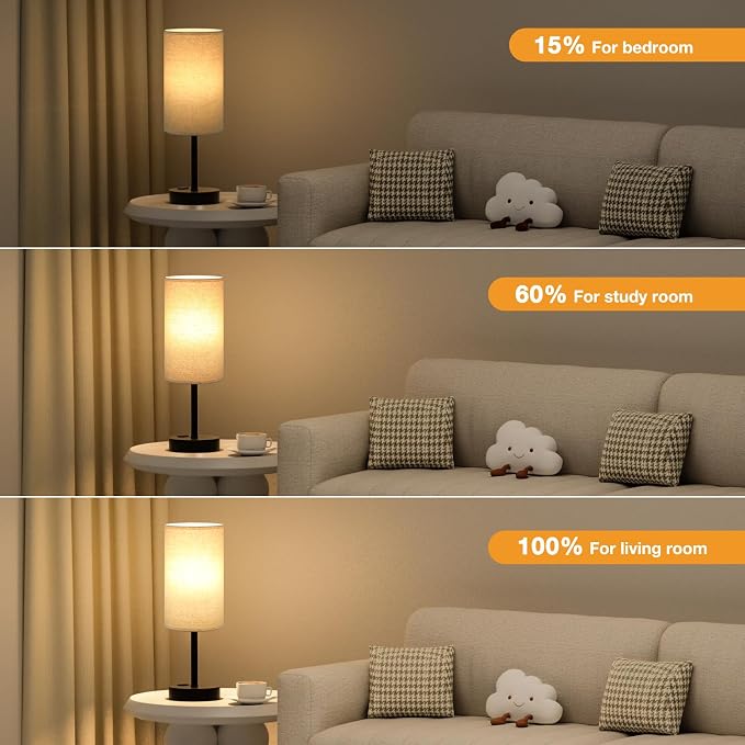 Fenmzee Touch Table Lamp - Beige, 3-Way Dimmable, USB A + C Charging, AC Outlet, 17.4inch Medium, Black Metal Base - Image 3