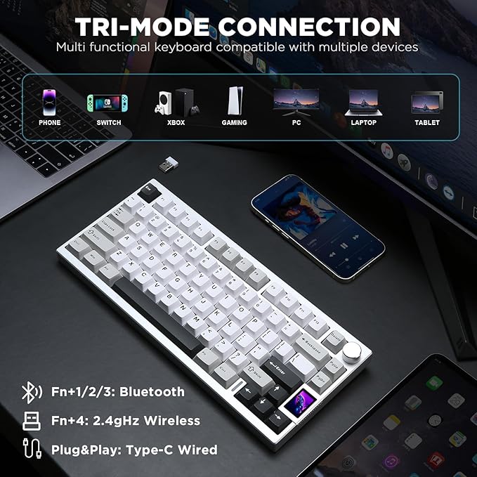 YUNZII AL80 75% Wireless Aluminum Mechanical Keyboard(Silver,Cocoa Cream) | QMK/VIA, Smart LCD Display and Knob, Hot Swap, Gasket Structure, BT/2.4G/USB-C, RGB Keyboard for Gaming/Win/Mac - Image 4