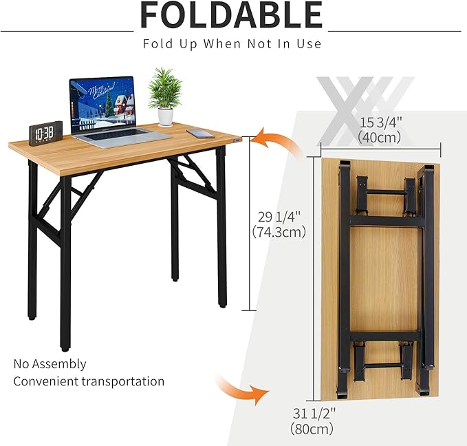 Need Small Computer Desk 31.5 Inch Folding Home Office Table Teak | Black Frame Writing Gaming Work Table/Sturdy Foldable Study Table for Small Space/Dormitory, No Assembly Required - Image 2