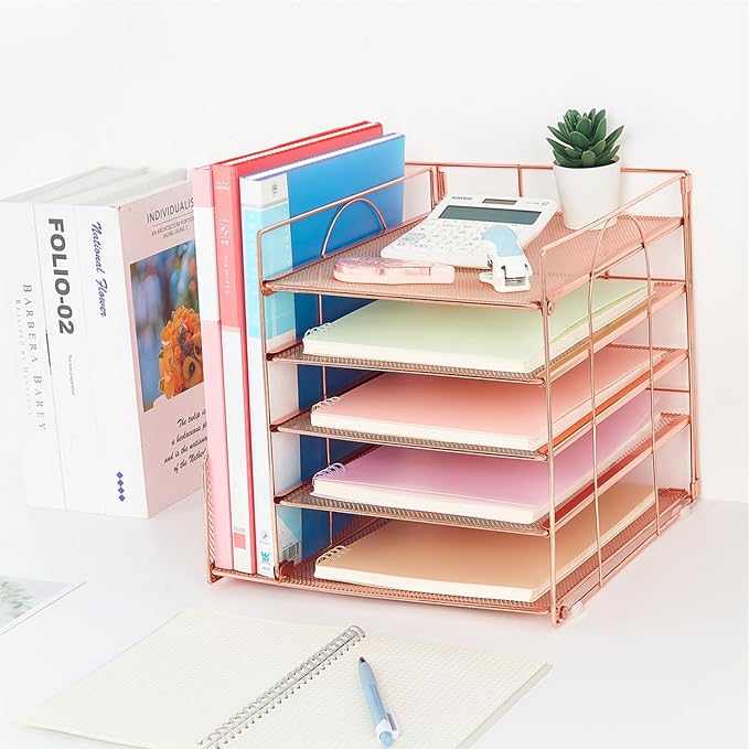 LEKETREE Desk Organizers and Accessories, 5-Tier Paper Letter Tray Organizer with File Holder, Desktop Organizer for Office Supplies (Rose Gold) - Image 7