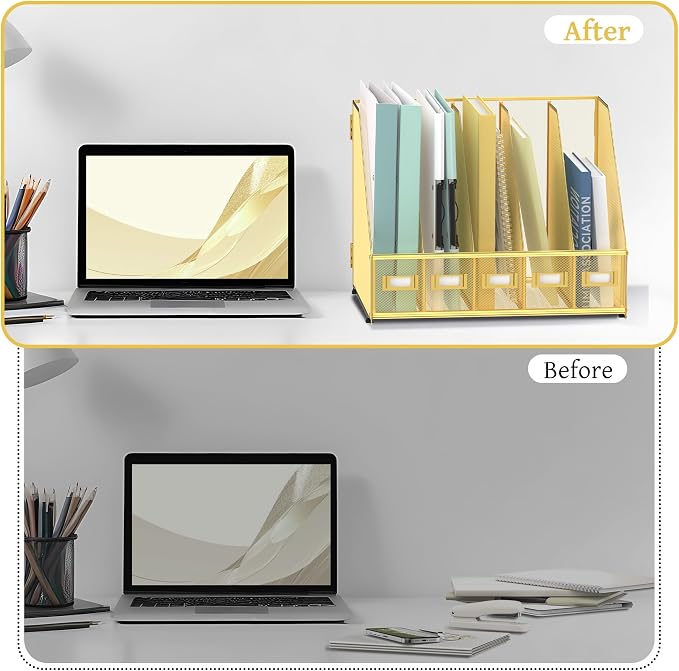 SUPEASY Desk Organizers Metal Desk Magazine File Holder with 5 Vertical Compartments Rack File Organizer for Office Desktop, Classroom, Home Workspace, Gold - Image 6