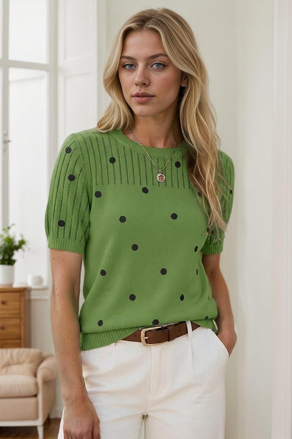Zeagoo Women's Short Sleeve Sweater Tops 2026 Spring Summer Crew Neck Hollow Out Blouses Dressy Business Casual Outfits - Image 4